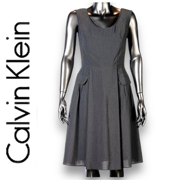 Calvin Klein Gray Belted Sleeveless Scoop Neck Future & Flare Dress NWOT Size 4 - Picture 1 of 12